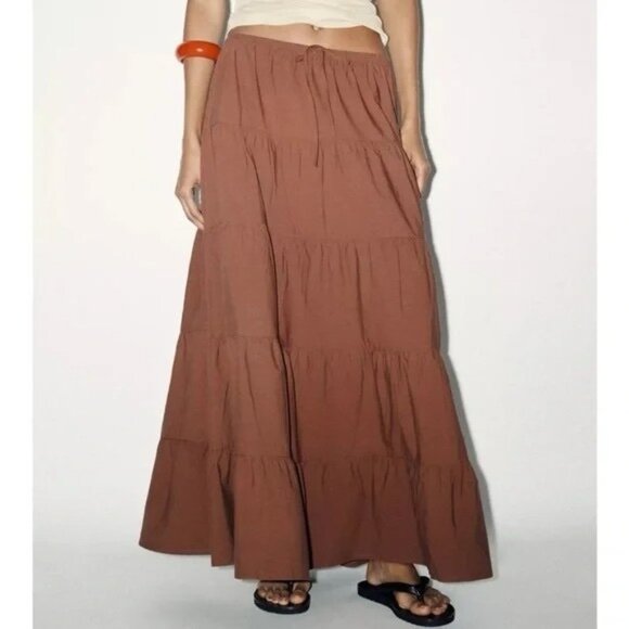 🌞 ZARA Tiered Maxi Skirt in Chocolate Brown Medium - Picture 1 of 12